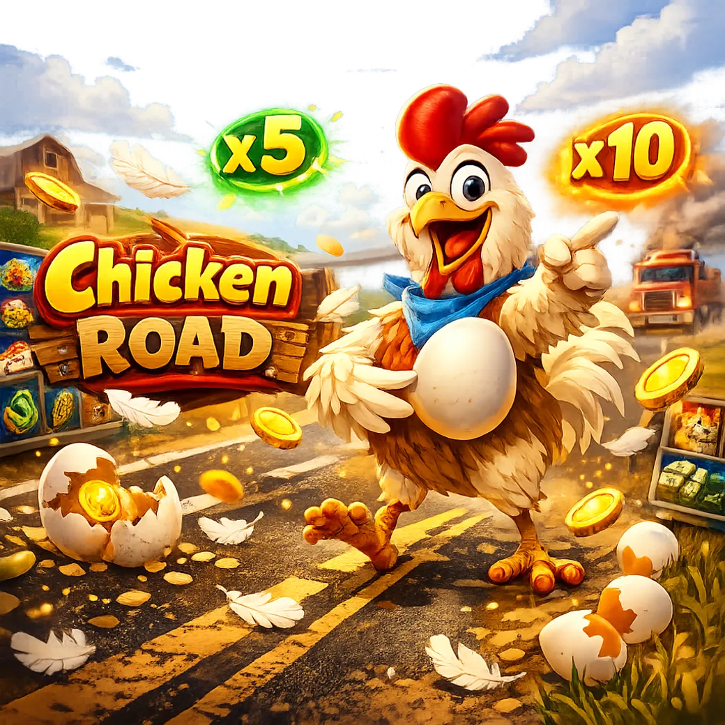 Dynamic promo image with a funny chicken, road lanes, eggs, feathers, and coins, exuding playful energy.